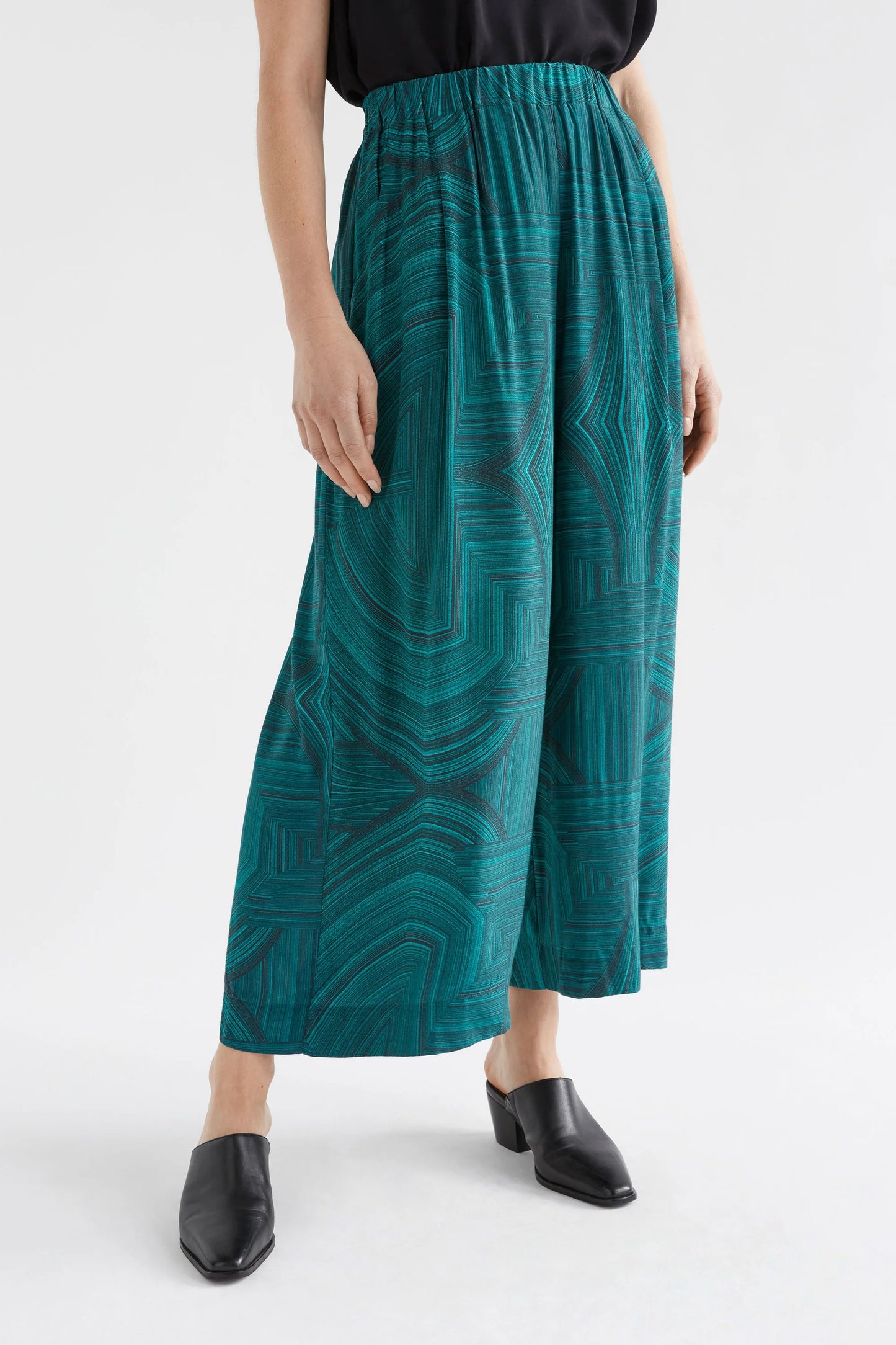 Elk Krava pant in Malachite print, viscose elastic waist wide leg.