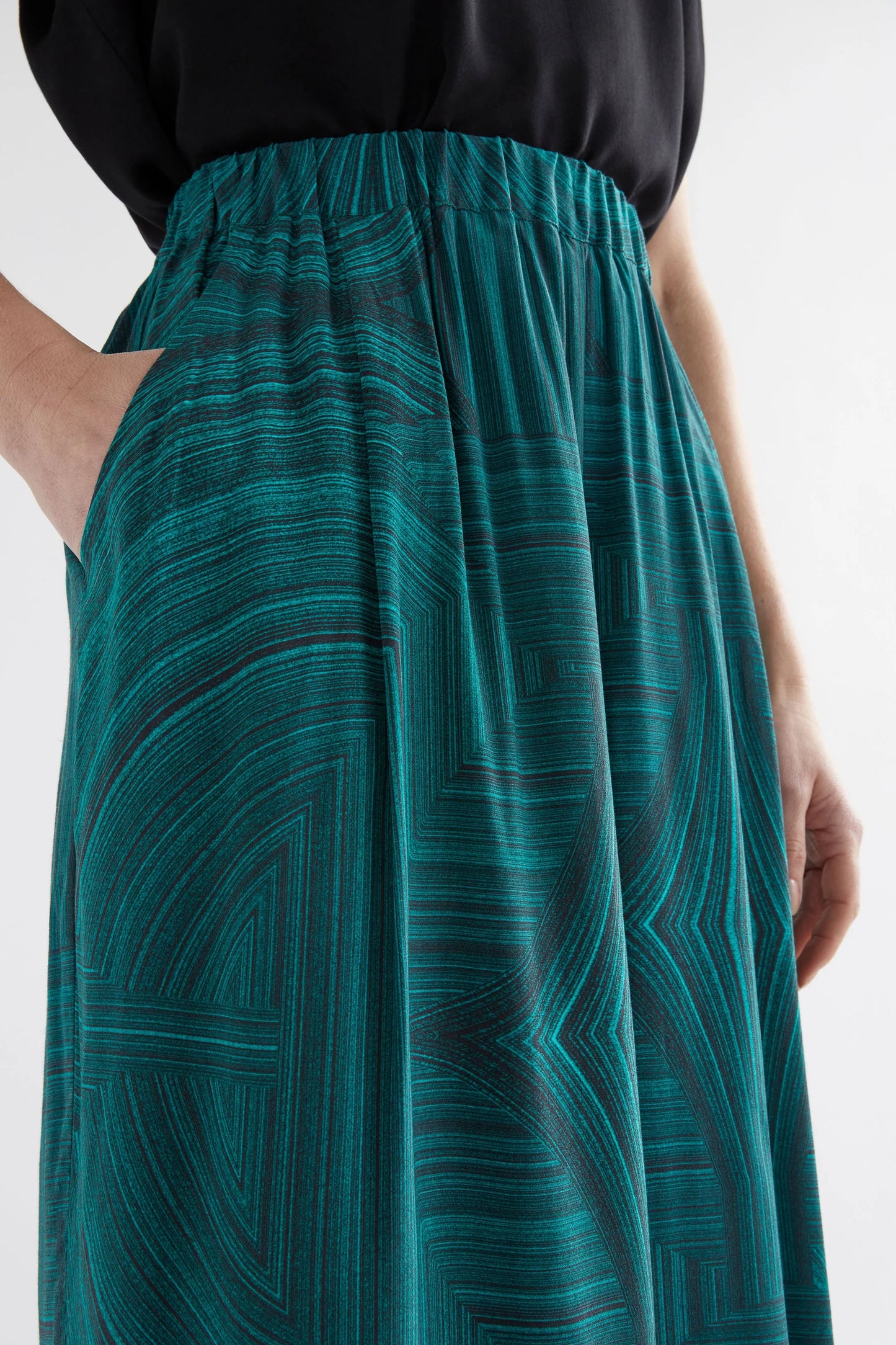 Elk Krava pant in Malachite print, viscose elastic waist wide leg.