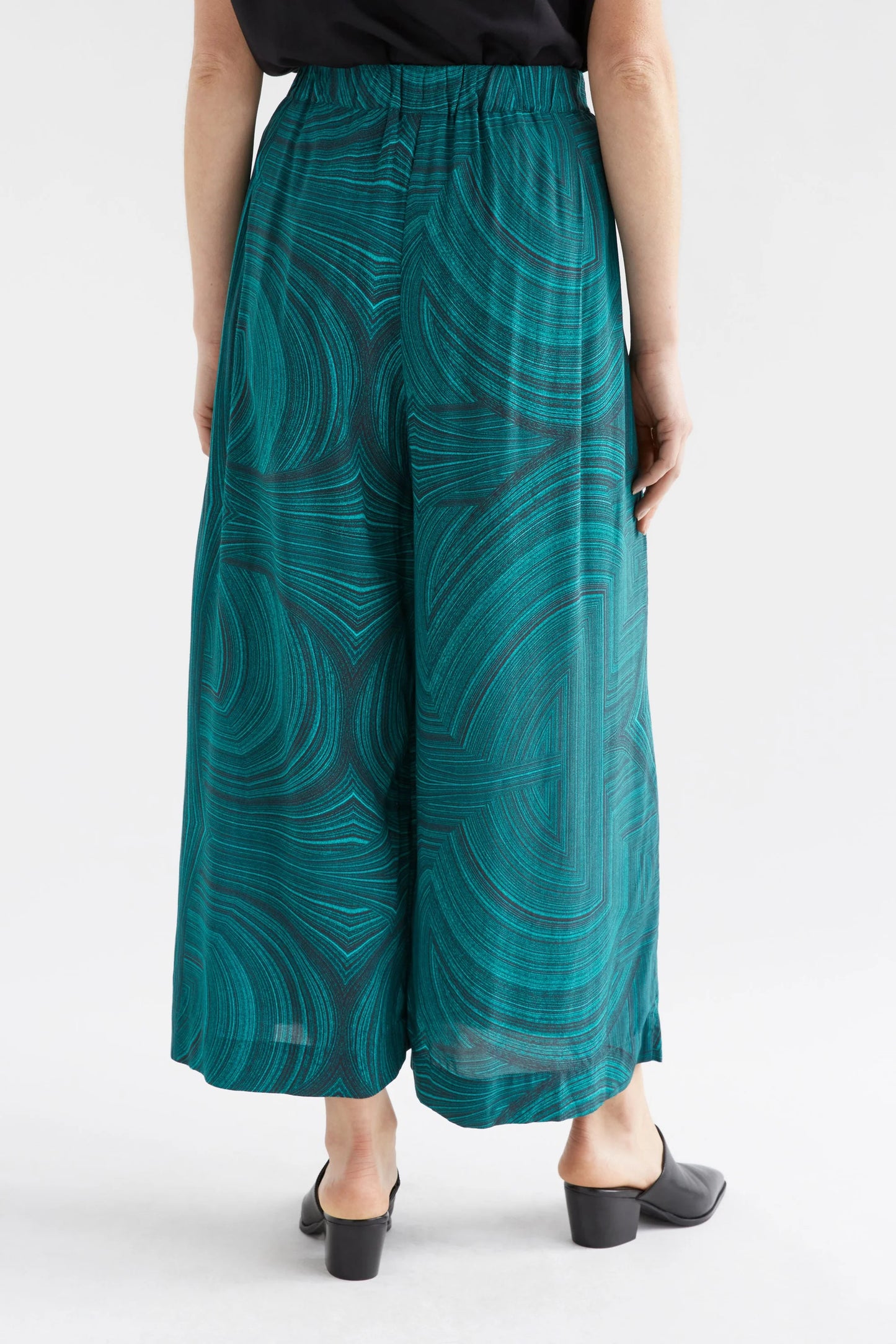 Elk Krava pant in Malachite print, viscose elastic waist wide leg.