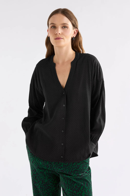 Elk Oben shirt in textured self spot black viscose.