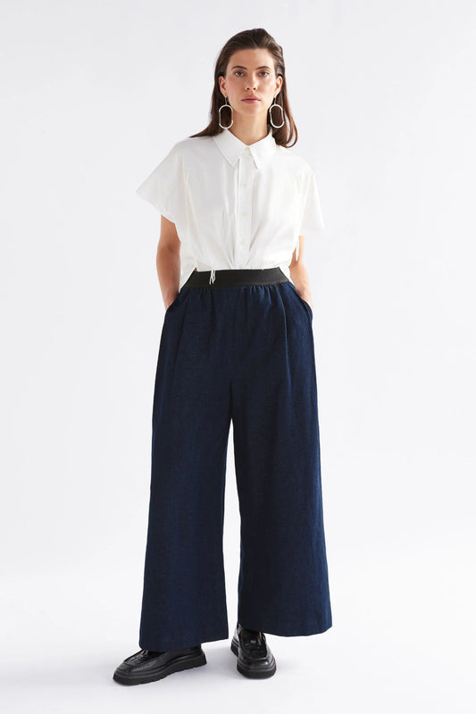 Elk Njolle indigo denim pant with contrast elastic waist.