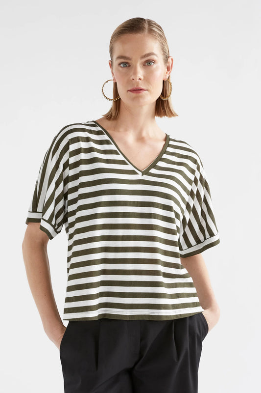 Elk v-neck Seter tee in olive and white stripe.