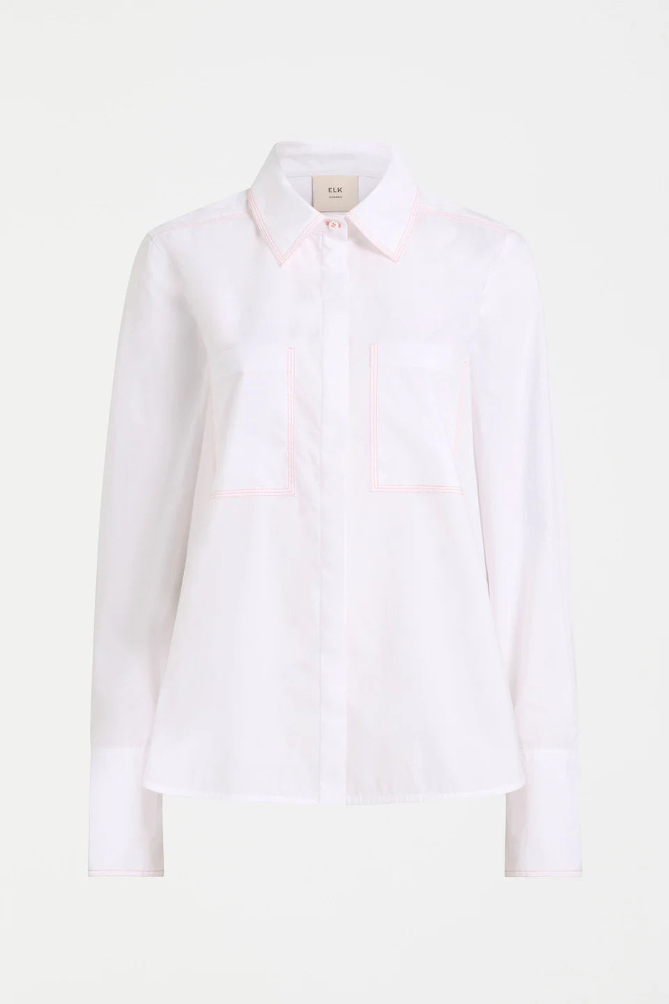 Elk Salli white organic cotton button up classic shirt with top stitch detailing.