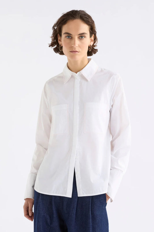 Elk Salli white organic cotton button up classic shirt with top stitch detailing.