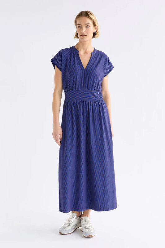 Elk organic cotton jersey Evve dress in cobalt blue with fine brown stripe.