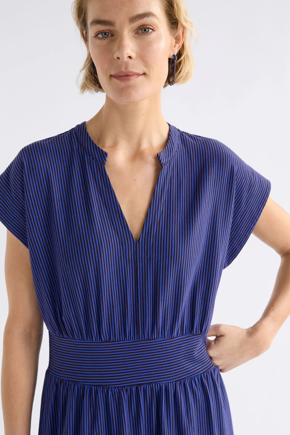 Elk organic cotton jersey Evve dress in cobalt blue with fine brown stripe.