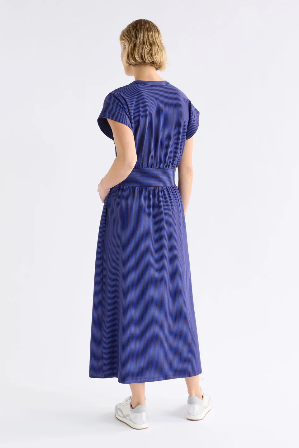 Elk organic cotton jersey Evve dress in cobalt blue with fine brown stripe.