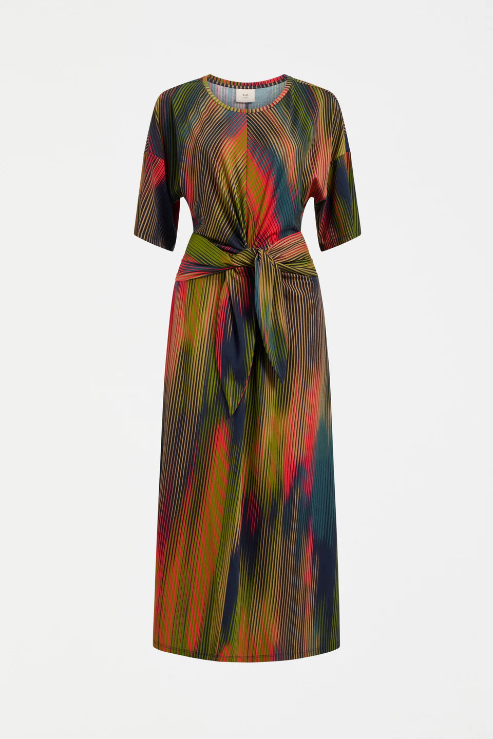 Elk Kihte T-shirt dress in multicolour stripe print organic cotton, tie waist.