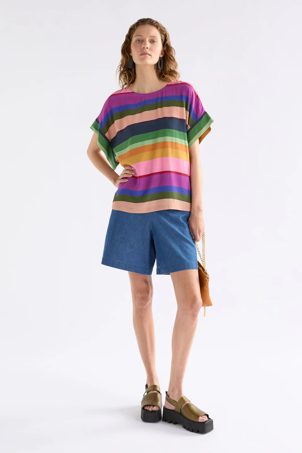 Elk Lysbro round neck multicolour stripe print top.