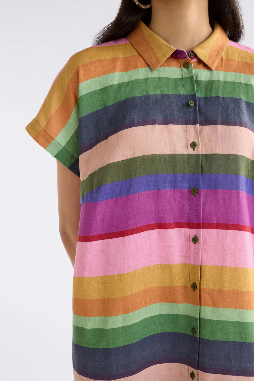Elk Lysbro multicolour stripe print French linen shirt dress.
