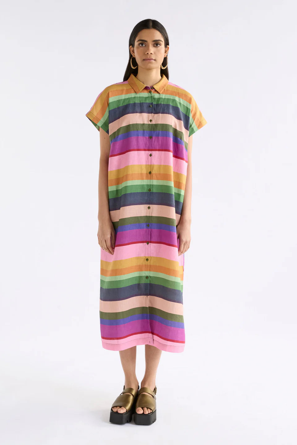 Elk Lysbro multicolour stripe print French linen shirt dress.