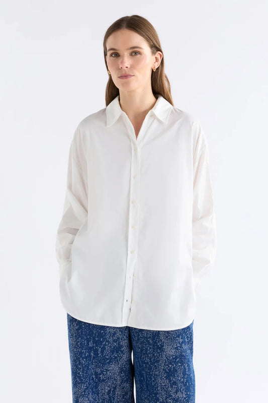 Elk organic cotton white Sol shirt with ruched sleeve detail.