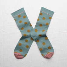 Load image into Gallery viewer, Bonne Maison made in France cotton socks polka dot absinthe khaki green on arctic blue.