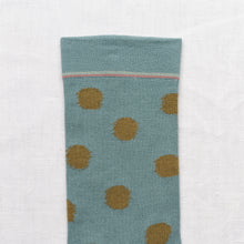 Load image into Gallery viewer, Bonne Maison made in France cotton socks polka dot absinthe khaki green on arctic blue.