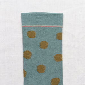 Bonne Maison made in France cotton socks polka dot absinthe khaki green on arctic blue.