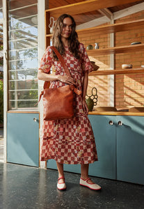 Nancybird Shiki leather tote bag in pumpkin tan leather and cotton print lining.