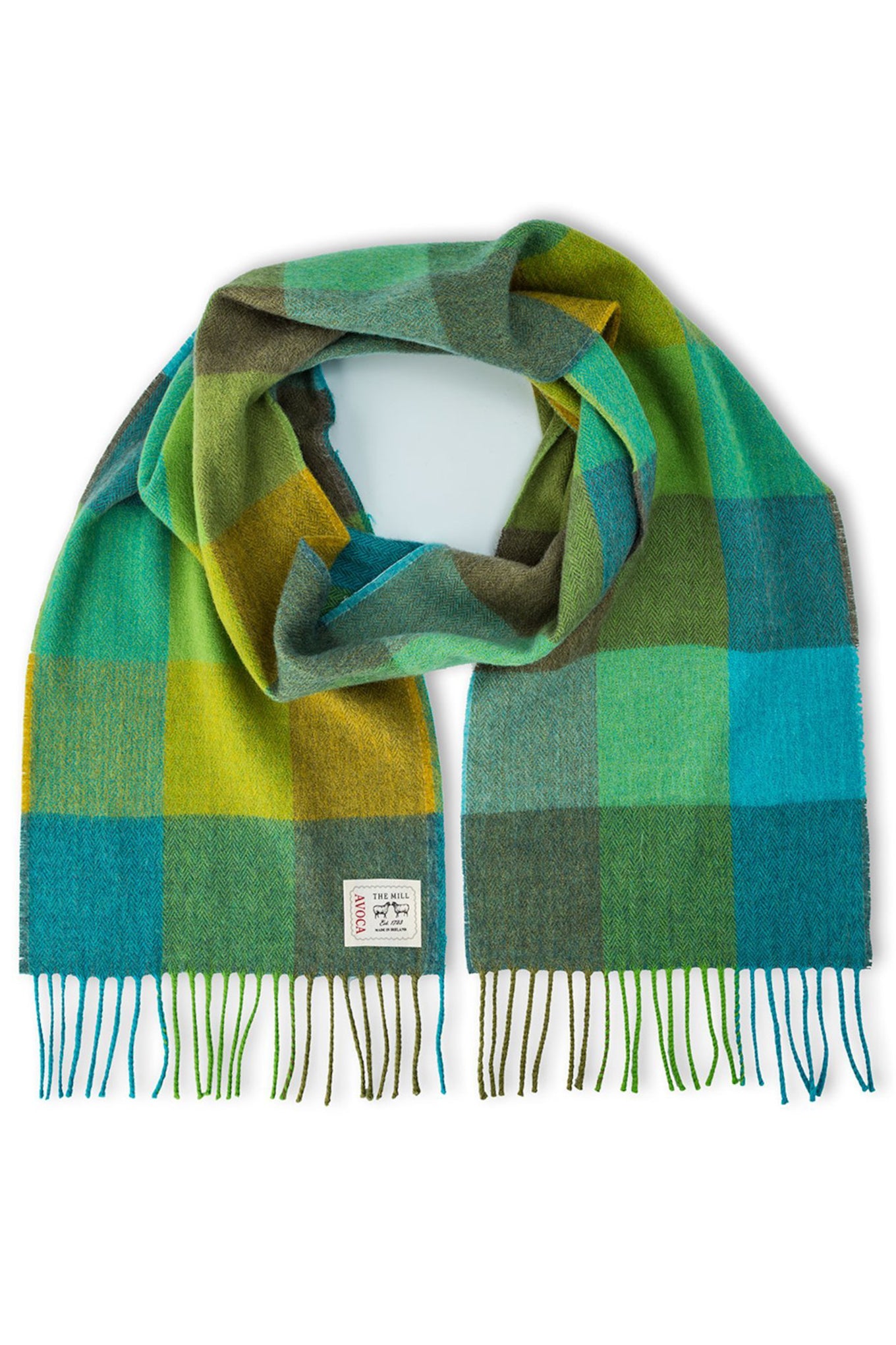 Avoca the Mill made in Ireland merino wool scarf in green fields, green checks with bright blue contrast.