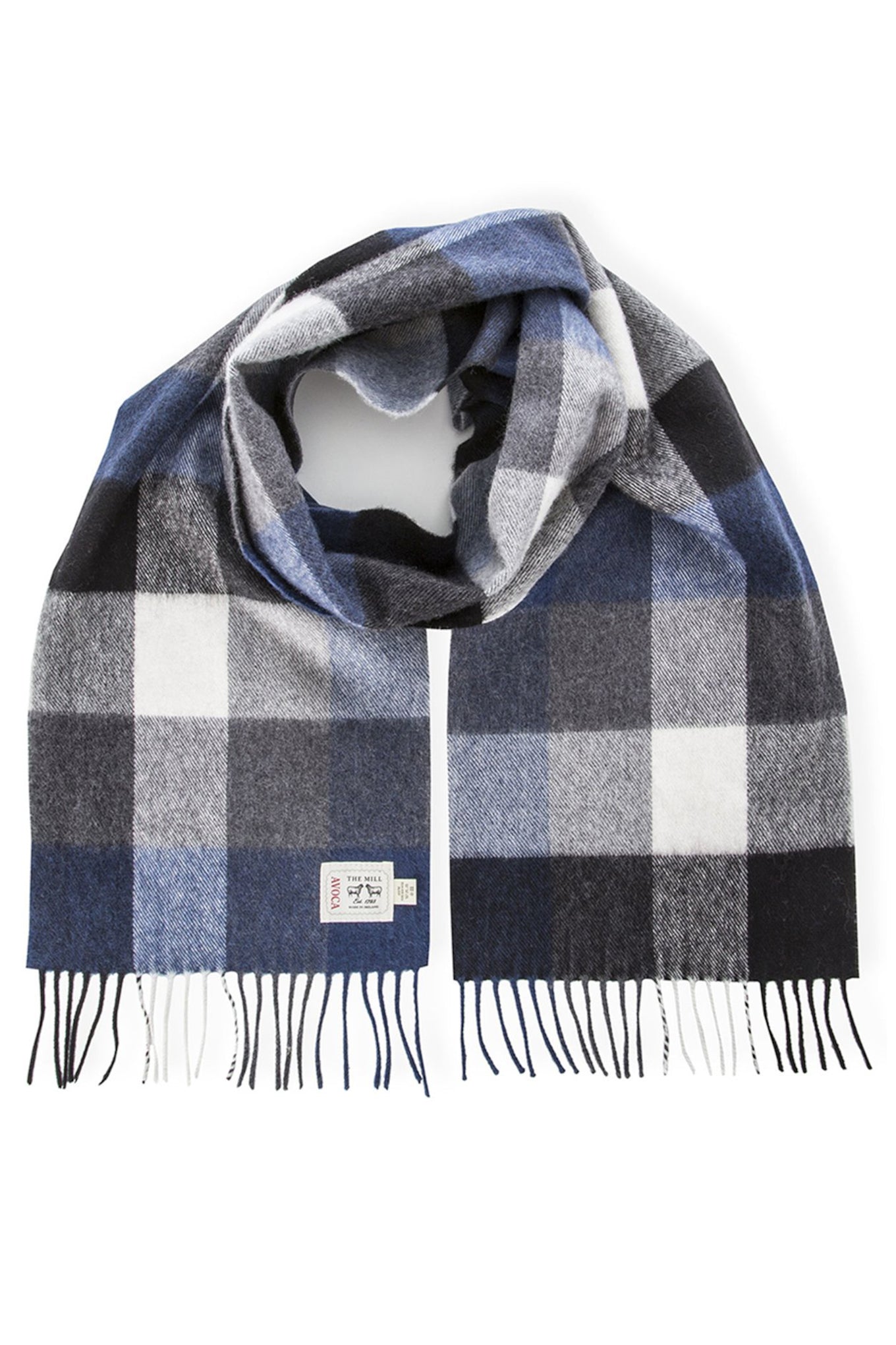 Avoca the Mill made in Ireland fine merino wool scarf in navy and grey check.