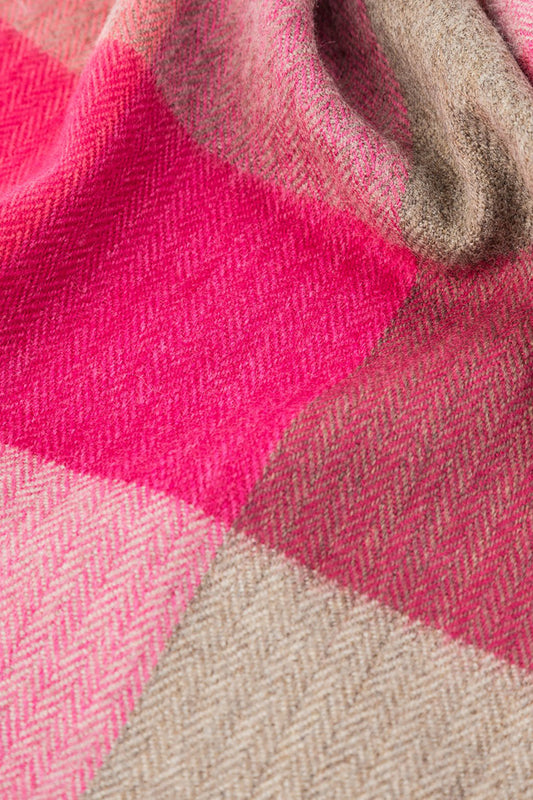 Avoca the Mill made in Ireland fine merino wool scarf in Pink fields, blanket check in shades of pink.