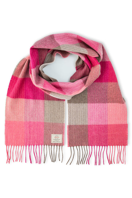 Avoca the Mill made in Ireland fine merino wool scarf in Pink fields, blanket check in shades of pink.
