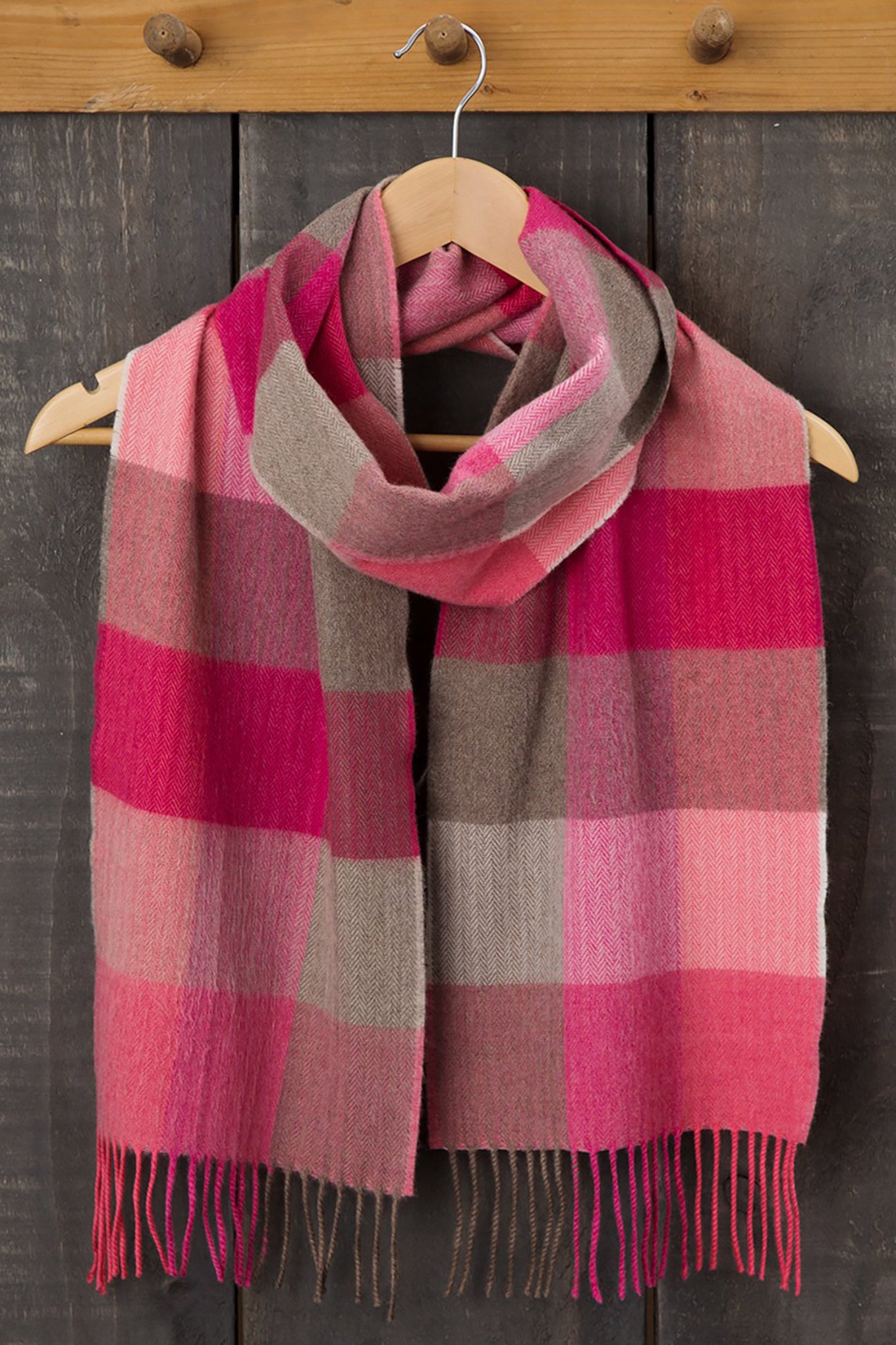 Avoca the Mill made in Ireland fine merino wool scarf in Pink fields, blanket check in shades of pink.