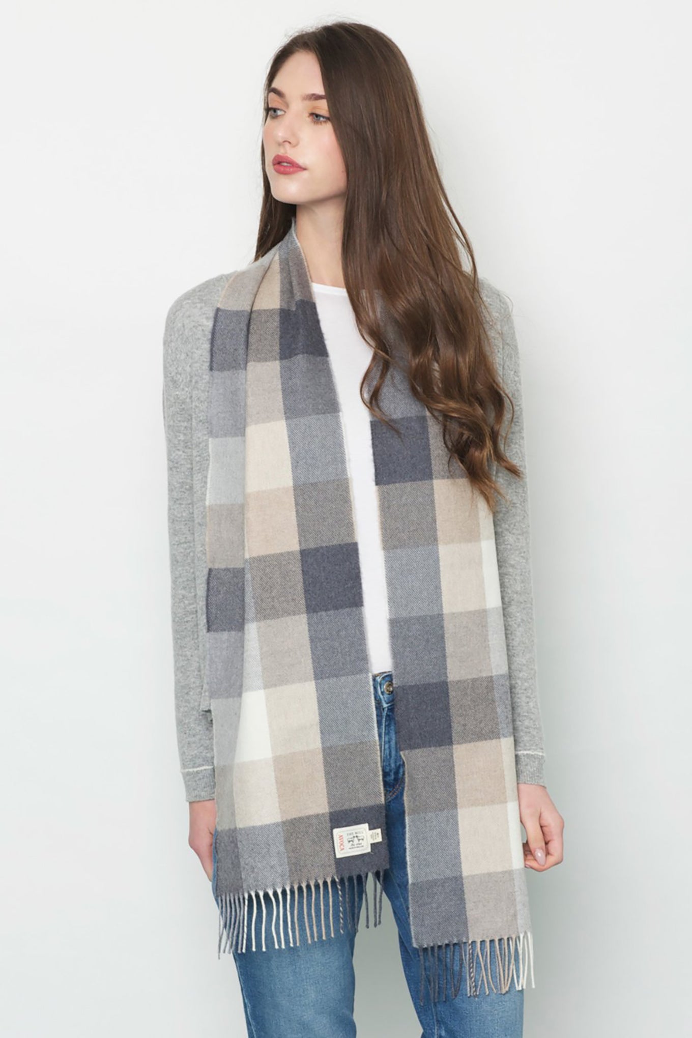 Avoca the Mill made in Ireland fine merino wool scarf in Rome check print, neutral tones.