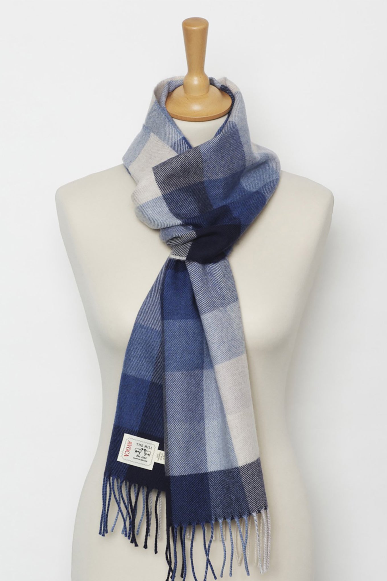 Avoca the Mill made in Ireland fine merino wool scarf in denim blue check.
