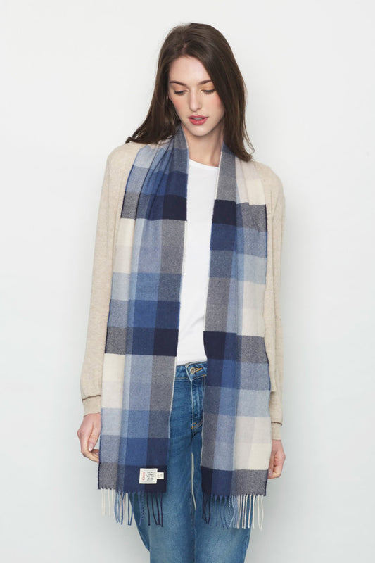 Avoca the Mill made in Ireland fine merino wool scarf in denim blue check.