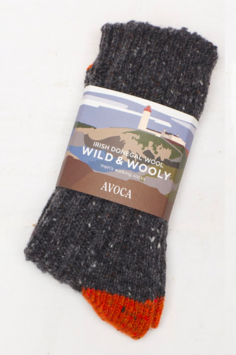 Avoca Wild and Wooly men's socks grey orange juniperhearth