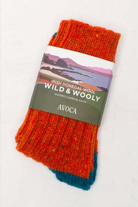 Avoca the Mill made in Ireland Donegal wool wild and wooly socks in orange teal.