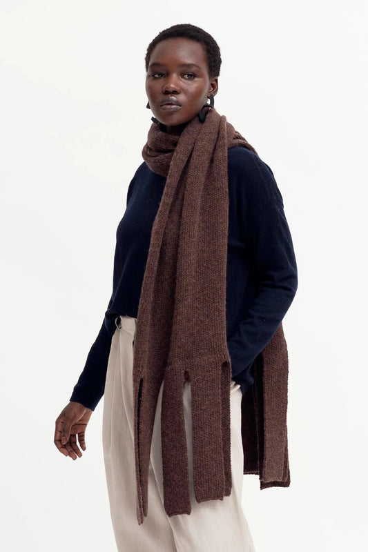 Elk Kabrit wool hemp alpaca blend wide scarf in cocoa brown.