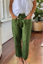 Load image into Gallery viewer, Frockk Jessie linen pants drawstring waist in moss green.
