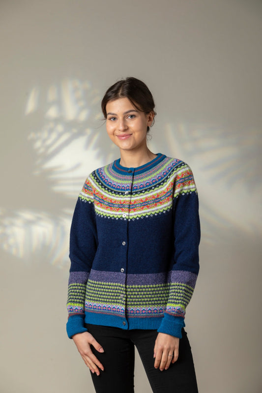 Eribe Scottish fairisle Alpine cardigan in Aurora, navy with fairisle in lime, sapphire blue and orange.