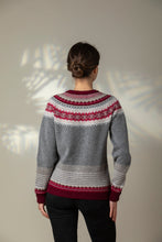 Load image into Gallery viewer, Eribe Scottish fairisle Alpine cardigan in greyberry grey with maroon, cream and pink.