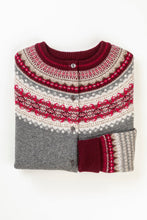 Load image into Gallery viewer, Eribe Scottish fairisle Alpine cardigan in greyberry grey with maroon, cream and pink.