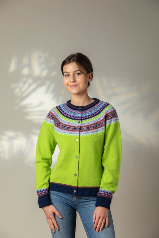 Eribe Scottish fairisle Alpine short cropped cardigan in Figaro lime green with navy, orange and lavender fairisle.