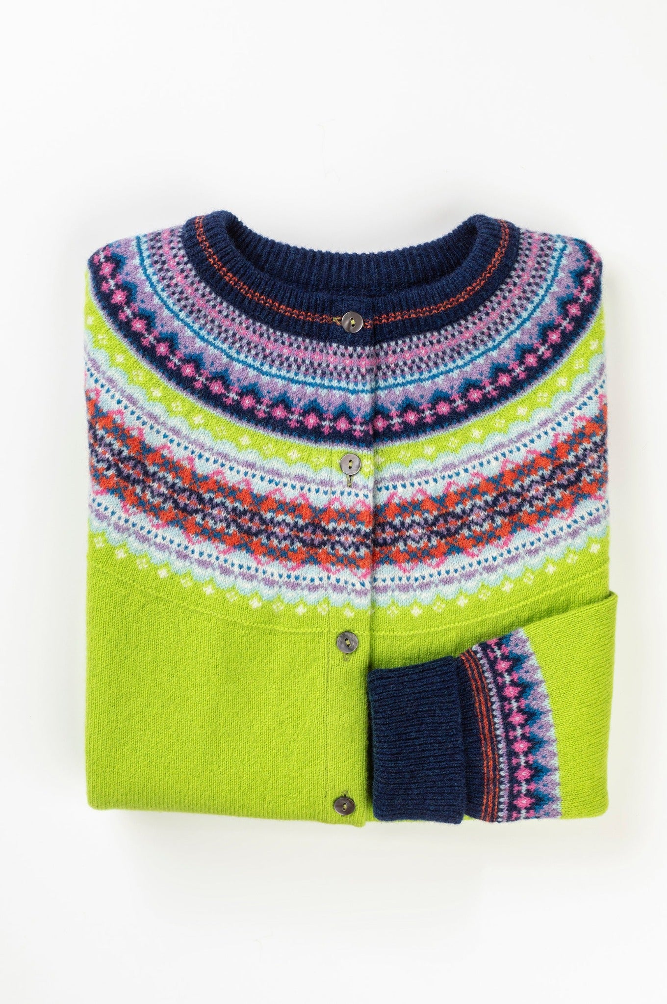 Eribe Scottish fairisle Alpine short cropped cardigan in Figaro lime green with navy, orange and lavender fairisle.