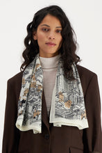 Load image into Gallery viewer, Inoui  Editions wool square scarf featuring map of Central Park New York with dogs, black and latte on wool white.