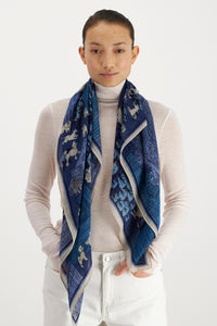 Inoui  Editions wool square scarf featuring map of Central Park New York with dogs, shades of blue and wool white.