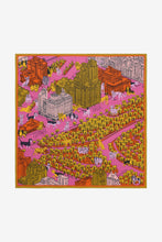 Load image into Gallery viewer, Inoui  Editions silk carre square scarf featuring map of Central Park New York with dogs, in pink, yellow and orange.