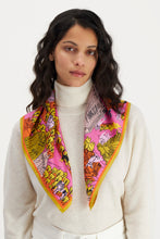 Load image into Gallery viewer, Inoui  Editions silk carre square scarf featuring map of Central Park New York with dogs, in pink, yellow and orange.
