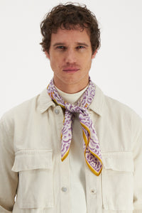 Inoui Editions pure silk carre square scarf with mustard yellow Dragon on lilac floral.
