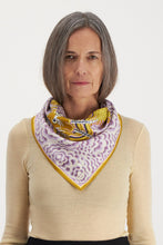 Load image into Gallery viewer, Inoui Editions pure silk carre square scarf with mustard yellow Dragon on lilac floral.