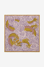 Load image into Gallery viewer, Inoui Editions pure silk carre square scarf with mustard yellow Dragon on lilac floral.