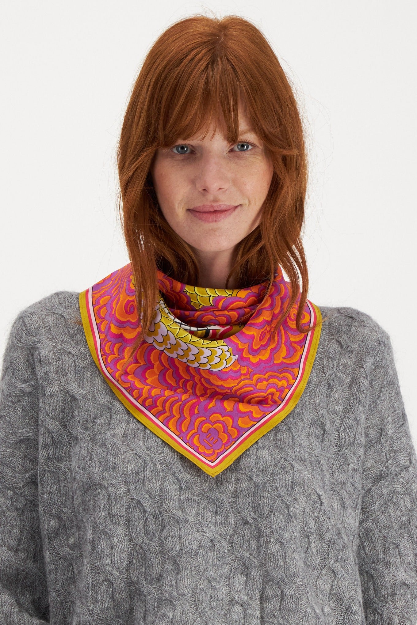 Inoui editions pure silk carre square mustard Dragon on fuchsia pink floral.