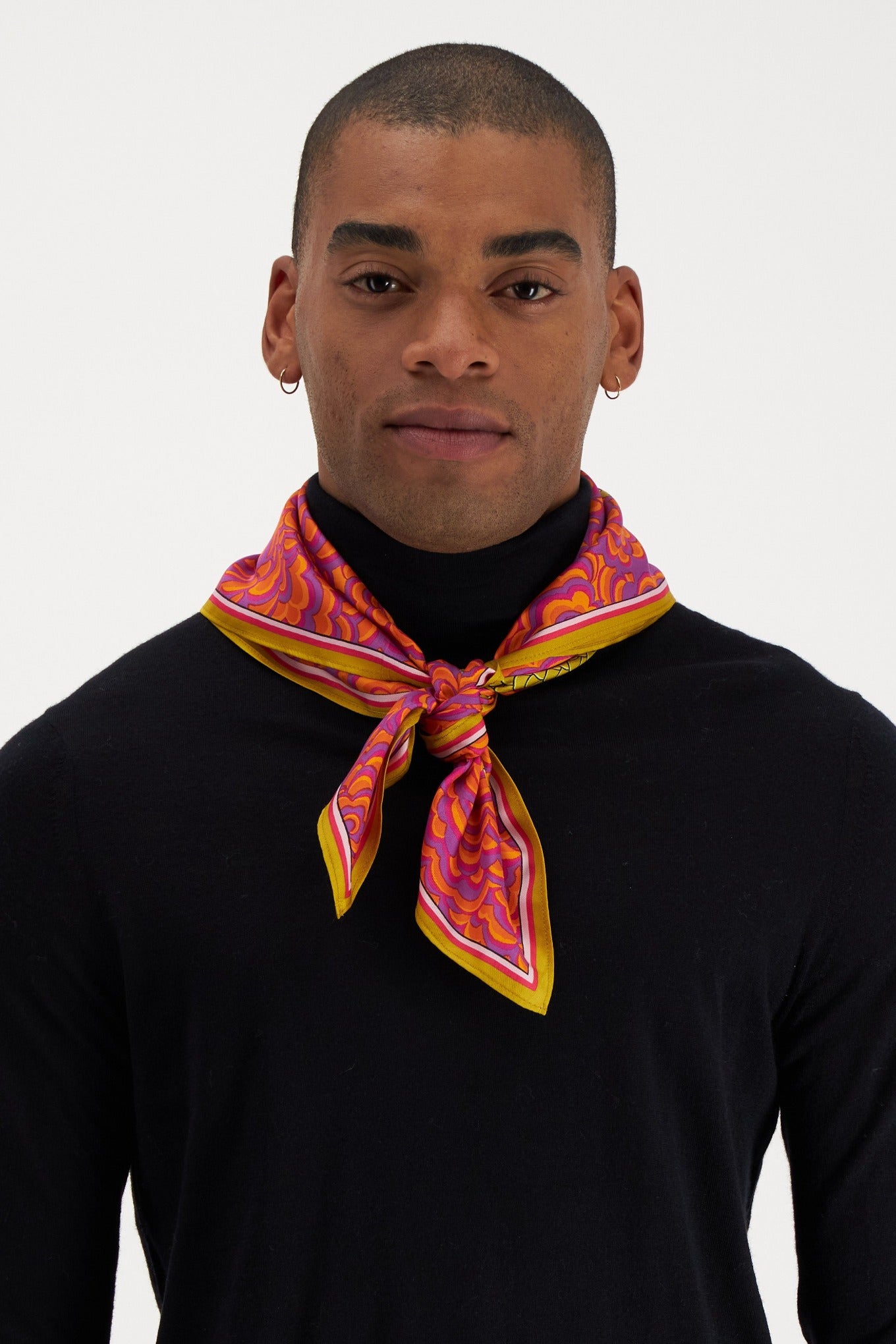 Inoui editions pure silk carre square mustard Dragon on fuchsia pink floral.