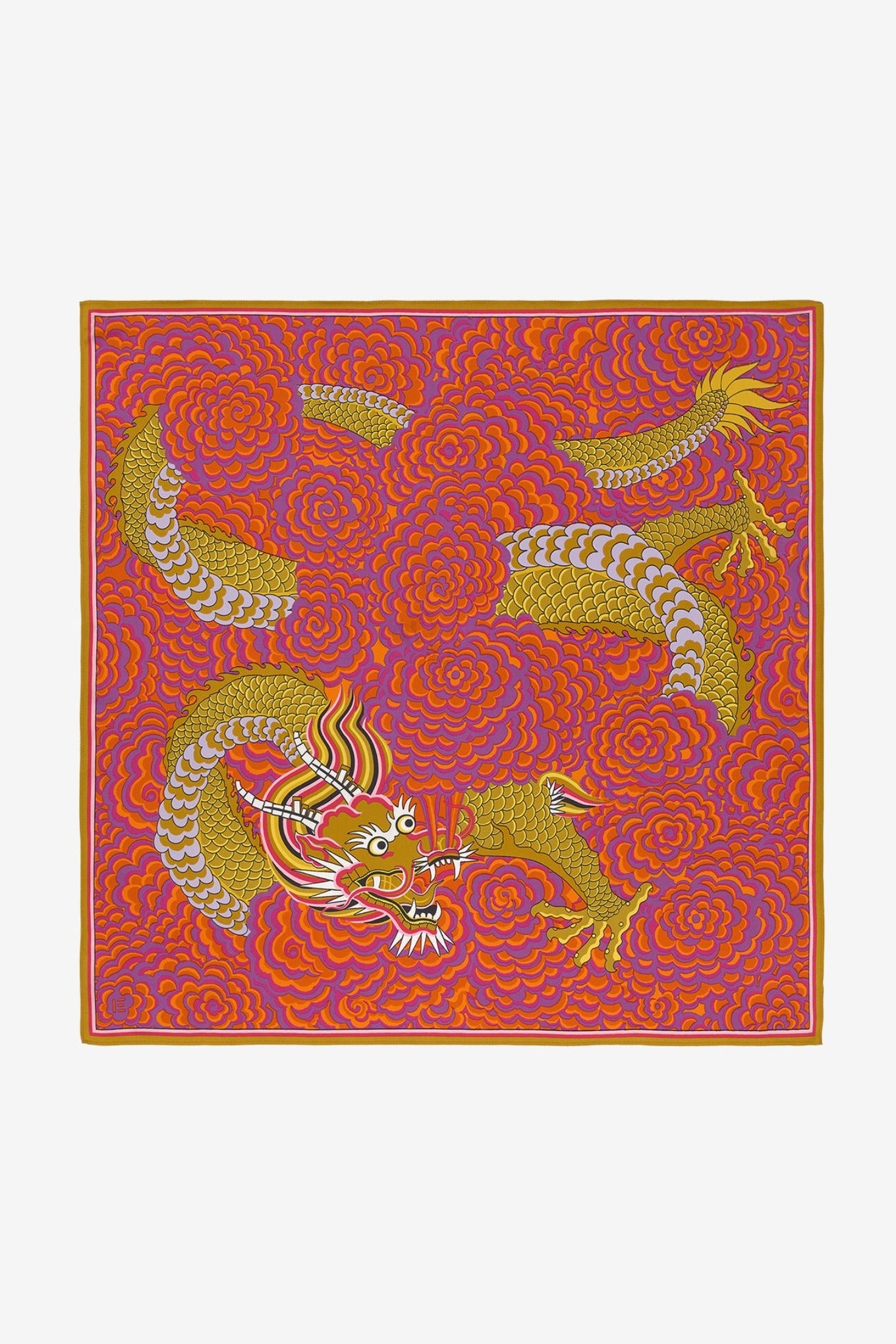 Inoui editions pure silk carre square mustard Dragon on fuchsia pink floral.