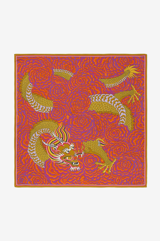 Inoui editions pure silk carre square mustard Dragon on fuchsia pink floral.