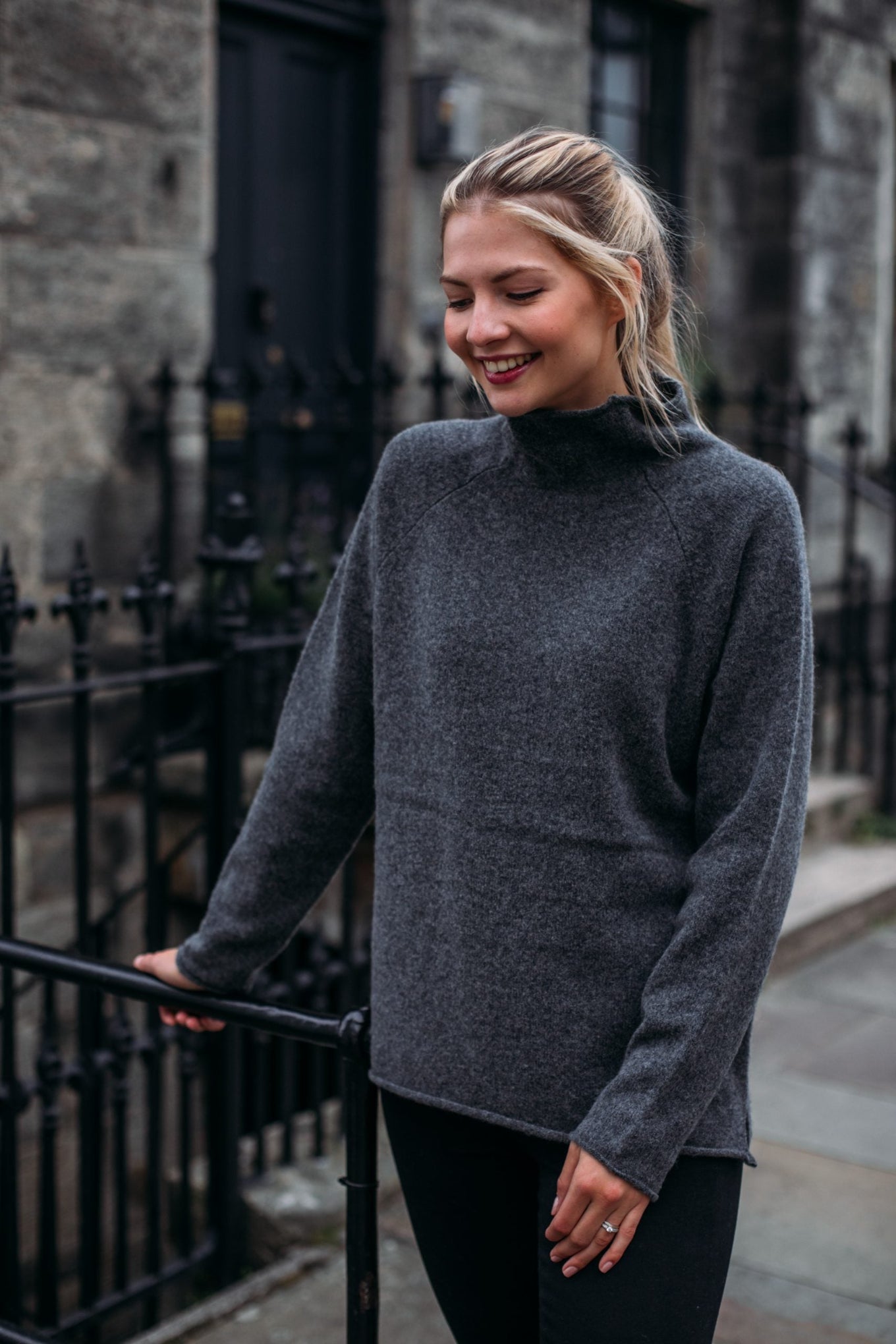Eribé made in Scotland merino wool Corry sweater, roll neck raglan in Cliff, charcoal grey.