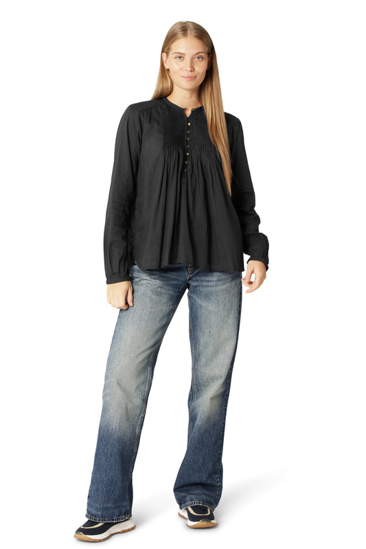 Ilse Jacobsen dark indigo cotton button up shirt with pin tucks.